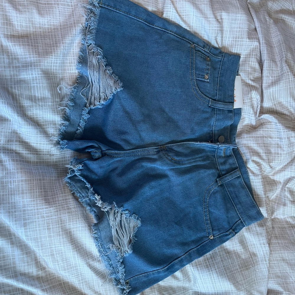 Denim Blue Frayed Hem Women Shorts